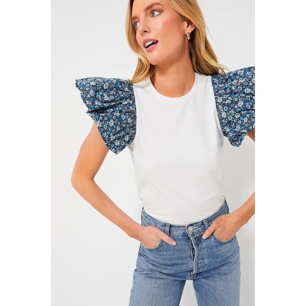 NWT Hyacinth House Blue Floral Ruffle Sleeve Shelby Tee White Women's Size XL